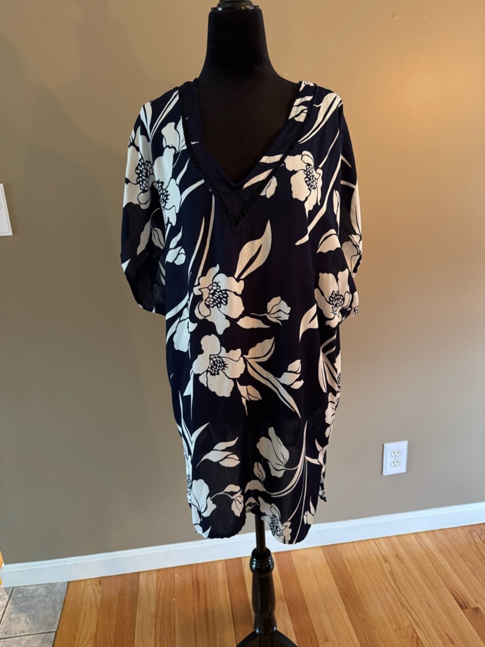 Navy & White Floral Beach Cover Up